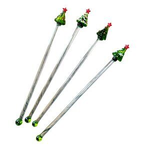 Vintage Glass Swizzle Sticks, Set of 4, Christmas Tree Holiday Cocktail Stirrers